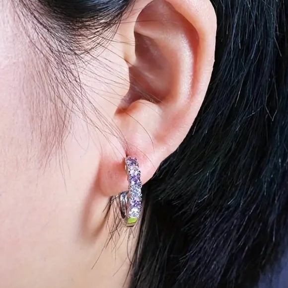 Amethyst & Diamond Silver Toned Hoop Earrings - Picture 3 of 3